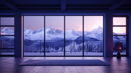  Luxury interior empty purple room with panoramic windows with views on snow mountains. Copy space. Generative AI