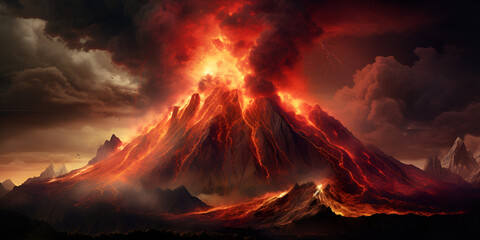 Night fantasy landscape with abstract mountains and island on the water explosive volcano with burning lava Neural