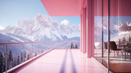 Luxury interior empty pink balcony with views on snow mountains. Copy space. Generative AI