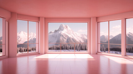 Luxury interior empty pink room with panoramic windows with views on snow mountains. Copy space. Generative AI