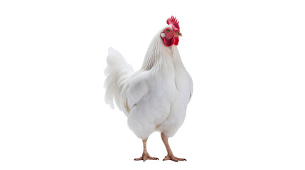 A solitary white chicken stands alone against a white backdrop.