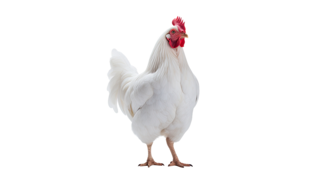 A solitary white chicken stands alone against a white backdrop.