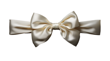 A white bow is tied using a ribbon made of silk and can be seen from above.
