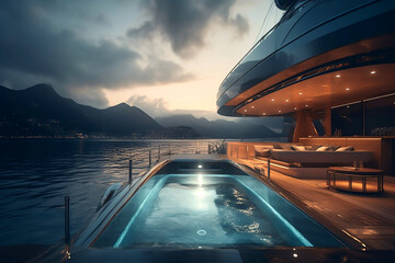 Rich modern expensive yacht with luxury teak deck sailing at in mountains with a pool outside. A...