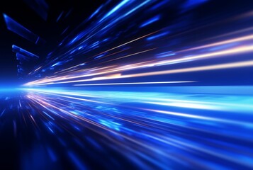 Abstract technology glowing futuristic blue light lines with speed motion blur effect on dark blue background. generative ai