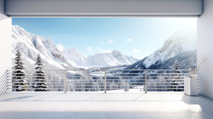 Luxury interior empty white balcony with views on snow mountains. Copy space. Generative AI