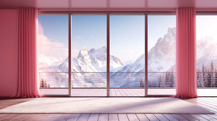 Luxury interior empty pink room with panoramic windows with views on snow mountains. Copy space. Generative AI