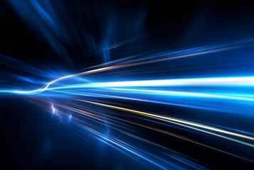 Abstract technology glowing futuristic blue light lines with speed motion blur effect on dark blue background. generative ai