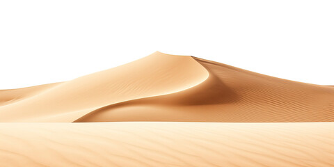 A lone sand dune in the desert, separated from its surroundings, displayed on a plain white backdrop. A mound of arid sand typically found on beaches, shown against a white background.