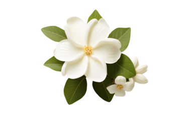 A close-up view of a Jasmine flower separated from its background, presented on a white surface.