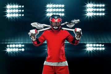 Lacrosse player, athlete on stadium. Download photo for sports betting advertisement. Website header. Sports design in neon glow. Sport and motivation wallpaper.