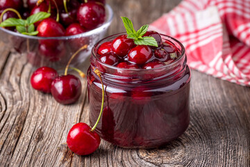 Jars with freshly homemade cherry jam, sour cherry jam, Turkish name; Visne receli