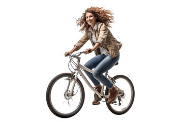 woman with bicycle isolated on white - obrazy, fototapety, plakaty