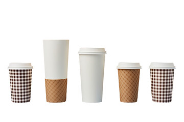 White empty, big, medium and small Takeaway paper, carton or cardboard coffee cup varying in size separated on a checkered background Packaging pattern model assortment with clipping path.