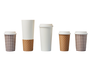 White empty, big, medium and small Takeaway paper, carton or cardboard coffee cup varying in size separated on a checkered background Packaging pattern model assortment with clipping path.