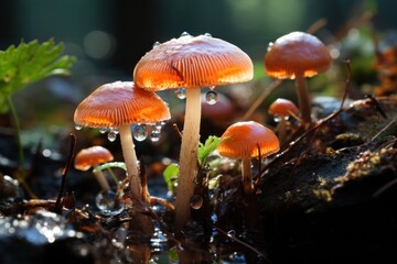 Mushrooms in the forest with water drops.