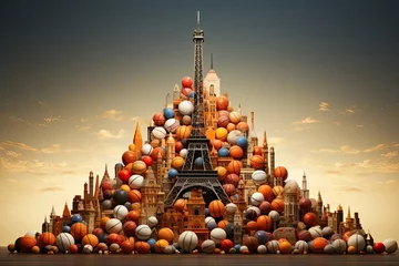 Foto op Canvas Illustration of Eiffel Tower in Paris buried under a heap of basketballs, whimsically blending iconic landmarks with sports. Generative Ai. © aiAnxiety