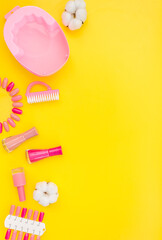 Set of trend pastel colors gel varnishes with manicure and pedicure beauty tools