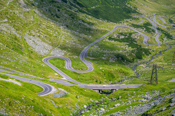 Winding mountain road. One of the most beautiful road in Europe. Popular travel destination. The Transfogarasan Road, Romania.