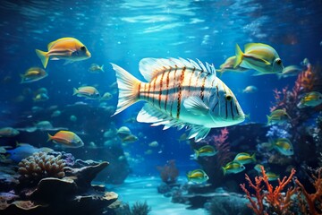 Tropical coral reef and fish. ai generative art.