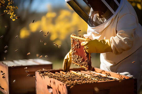 Beekeepers are collecting honey. AI technology generated image