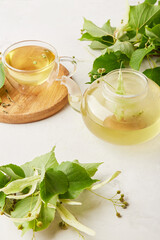 Aesthetic natural linden blossom tea. Healthy, herbal, cozy drink. Relax, enjoying the moment concept.