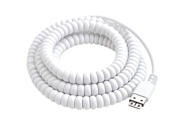A charger cable with a white color and USB type C connector, suitable for numerous devices, coiled in a spiral form, separated on a plain white backdrop.