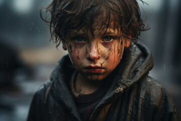 Portrait of a sad dirty child in damp clothes looking at camera, small poor boy outdoors. Social...