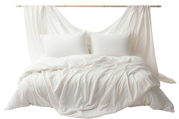 White bed sheet and bedding suspended on a pure white background.