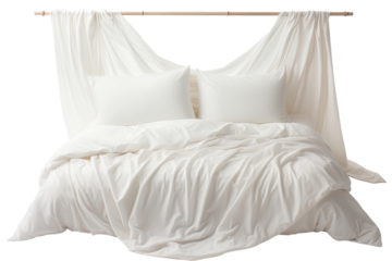 White bed sheet and bedding suspended on a pure white background.
