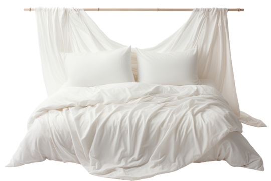 White bed sheet and bedding suspended on a pure white background.