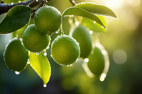 The green lemon on the tree after the rain is in the orchard. AI technology generated image