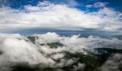 Aerial view of clouds over the Appalachian mountains at sunset.