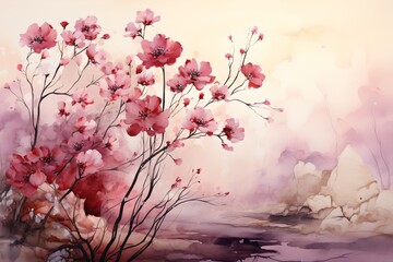 Obraz na płótnie Canvas Painted red flowers on a beige background, generative ai