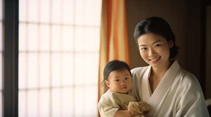 Happy Asian mom hold in hands hug cute little baby show love care. Smiling mother embrace cuddle infant child. Motherhood, childcare concept. Generative AI.