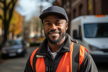 Young handsome smiling welcoming African American delivery courier male man standing on street delivering boxes. Male postman courier with shopping package. Shipment concept. Generative AI Technology