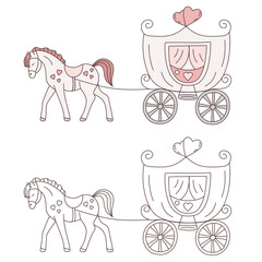 wedding carriage with horse, freehand drawing in doodle style. coloring and color image.