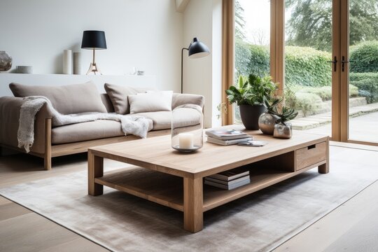 modern living room, oak coffee table, rug, Scandinavian interior design, plants. Modern home decor.