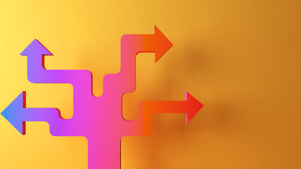 Multi-directional arrows on yellow background , choose between several potential future options and scenarios,3d rendering