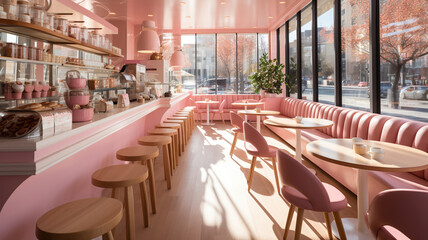 Modern pastry shop with barbie pink laminate cladding, Generative AI
