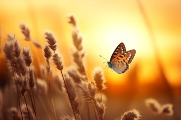 Abstract autumn field landscape at sunset with soft focus. dry ears of grass in the meadow and a flying butterfly