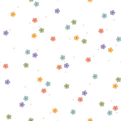 Simple colorful flowers seamless vector pattern. Fun design. Skandi motif illustration. Cute hand drawn floral background for wrapping paper, textile, gift, fabric, wallpaper, packaging, apparel.