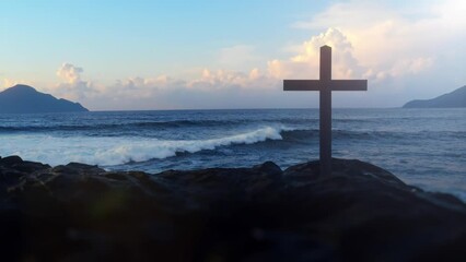 Christ Cross on an island in the middle of the open sea. Looping animation concept for faith, power, worship, christianity and easter