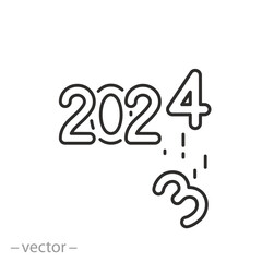 end 2023 and start 2024, new year icon, thin line symbol on white background - editable stroke vector illustration