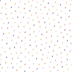 Cute hand drawn seamless vector pattern with colorful rain drops. Fun weather background for kids room decor, nursery art, packaging, wrapping paper, textile, print, fabric, wallpaper, gift, apparel.