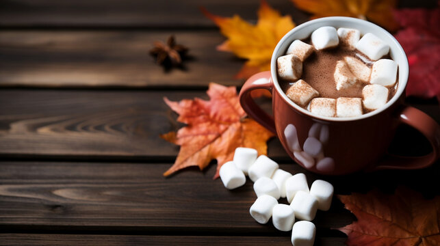 A cup of fragrant coffee with marshmallows and maple leaves on a wooden background of new quality, universal colorful technology, illustration design, generative artificial intelligence