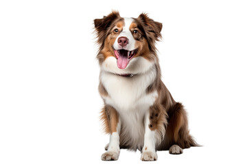 An adorable australian shepherd is sitting and smiling towards the camera, its mouth wide open. The dog is viewed from the front and is placed on a white backdrop.