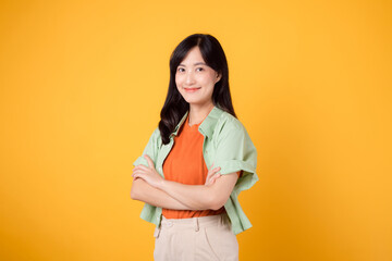 confidence and well-being with young Asian woman 30s wearing orange shirt. Her arm cross gesture on her chest against a vibrant yellow background creates a portrait of empowerment and inner harmony.