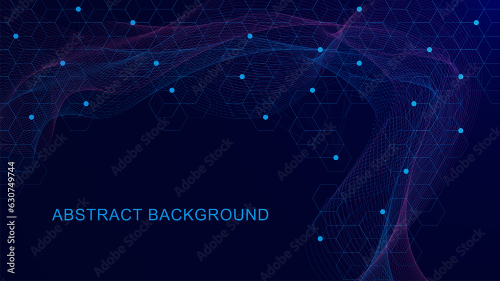 Poster abstract geometric background with hexagon pattern and wave flow. network connection and global comm