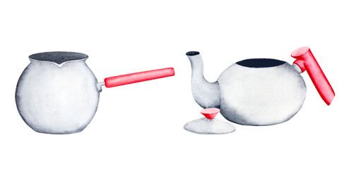 Naklejka premium Teapot with lid and cezve. Watercolor illustration on a white background. Can be used for your design cards, posters, prints